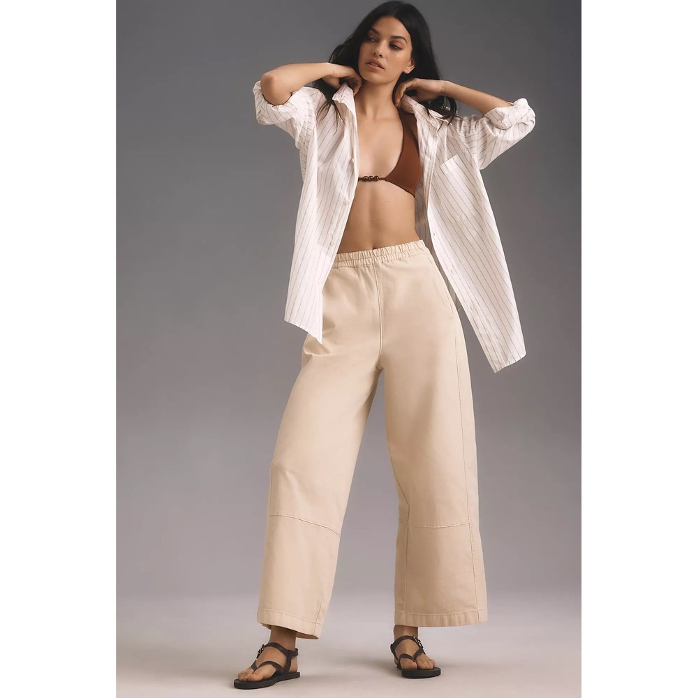 Anthropologie Pilcro Izzie Relaxed Pull-On Cotton Barrel Pants Neutral Cream L - Picture 2 of 9